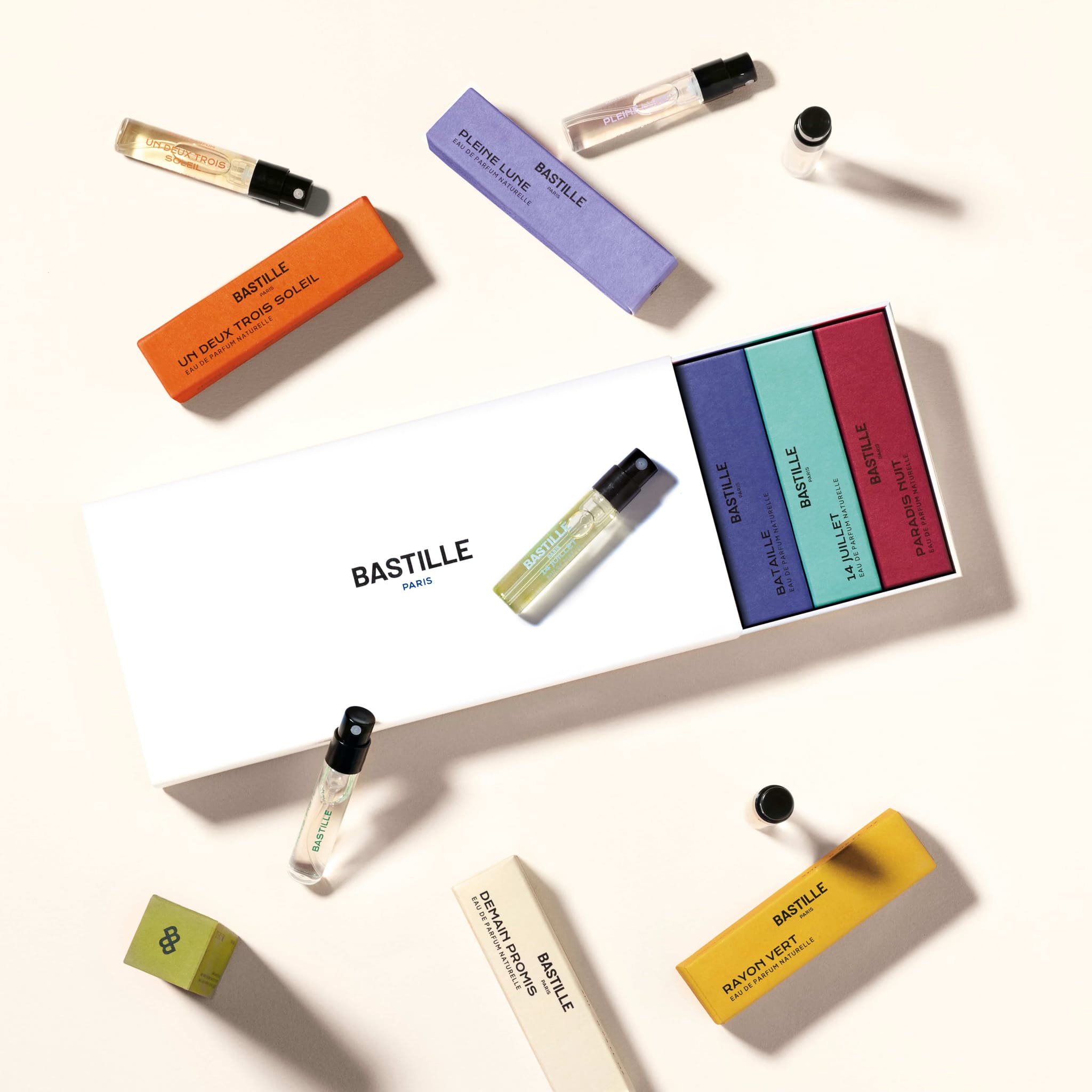 The Bastille Paris Discovery Set featuring eight 2ml samples of unisex perfumes made with natural ingredients