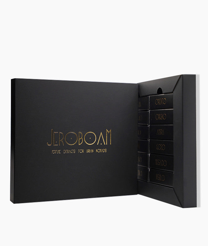 Jeroboam Discovery set: An extrait de parfums discovery set with spicy tuberose, creamy woods, and sensual allure.