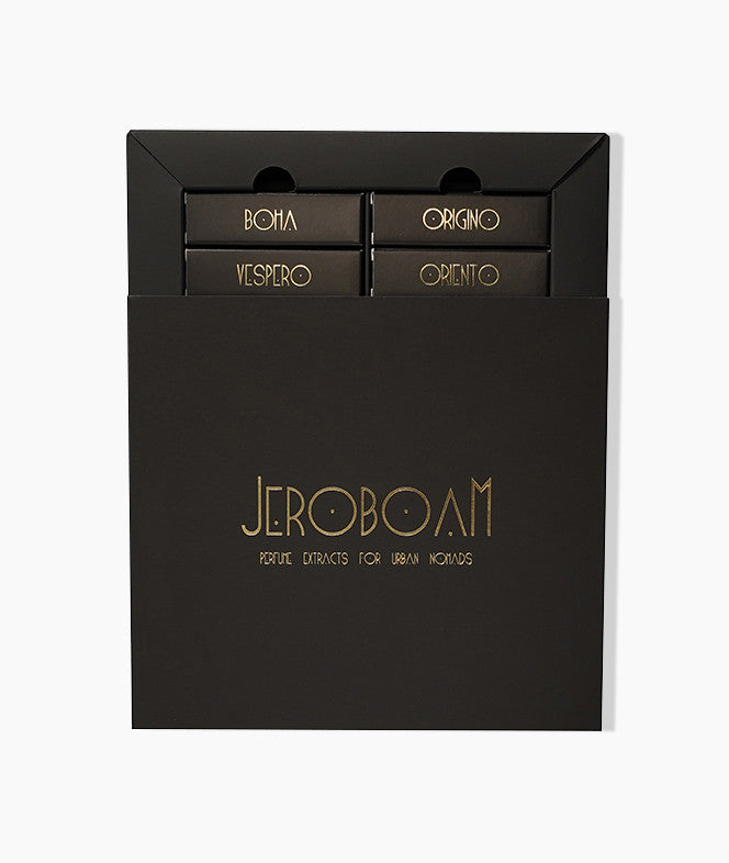 Jeroboam perfume discovery set featuring extrait de parfums with spicy tuberose and creamy, sensual woody notes.