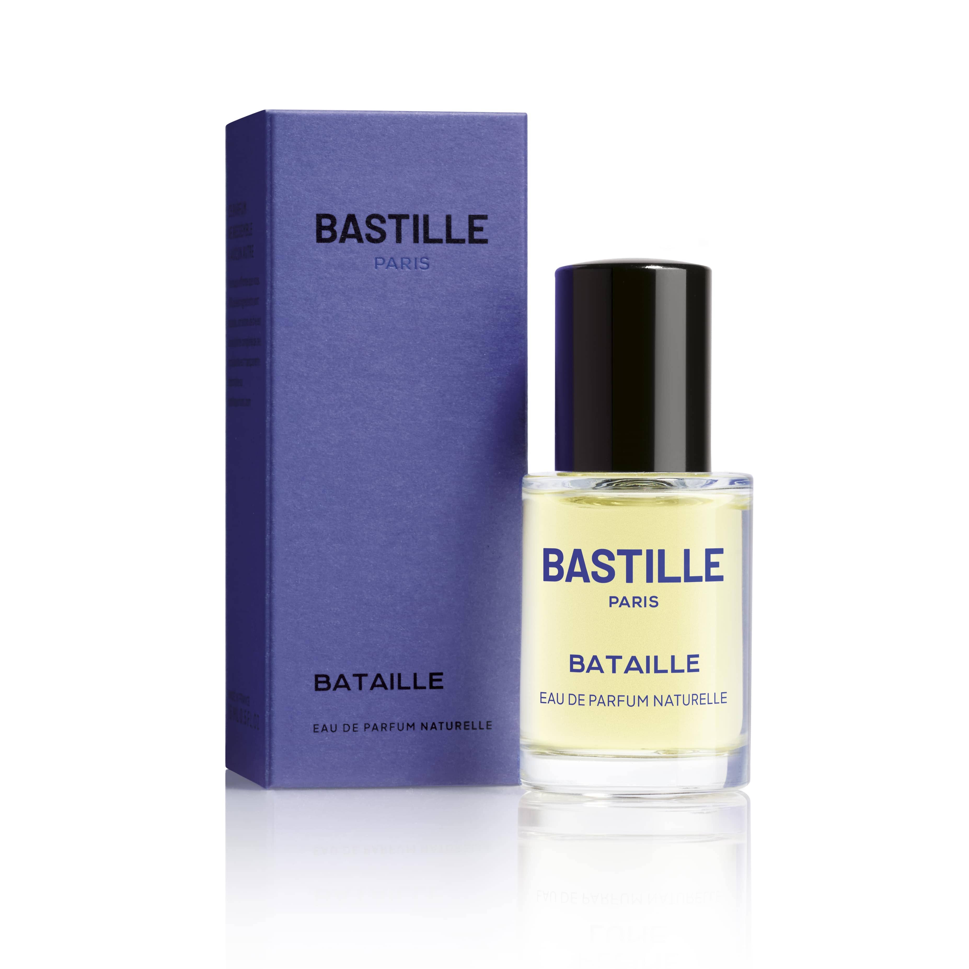 Bataille Bastille perfume is a unisex spicy fragrance in a 15ml bottle and box packaging on the side