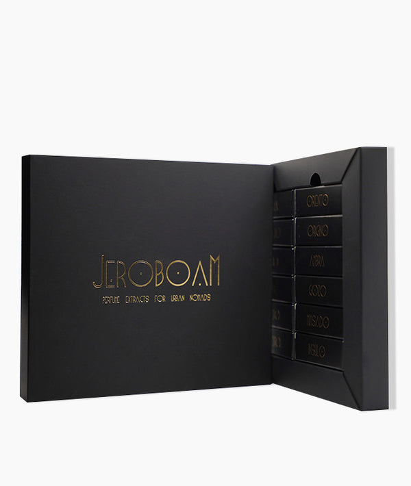 Jeroboam Discovery set: An extrait de parfums discovery set with spicy tuberose, creamy woods, and sensual allure.